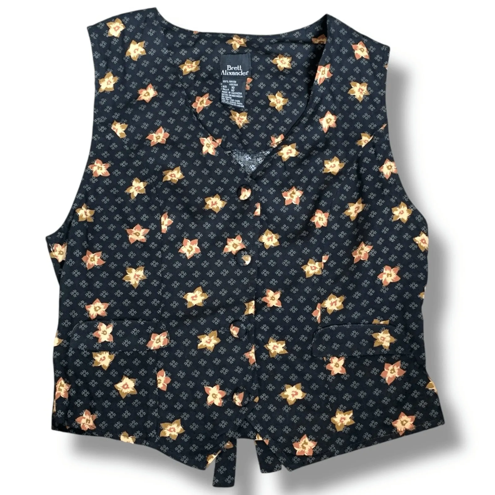 Vintage 90s Black Floral Suit Vest Button Front Adjustable Tie Back Cottage Size 10 - Image 2