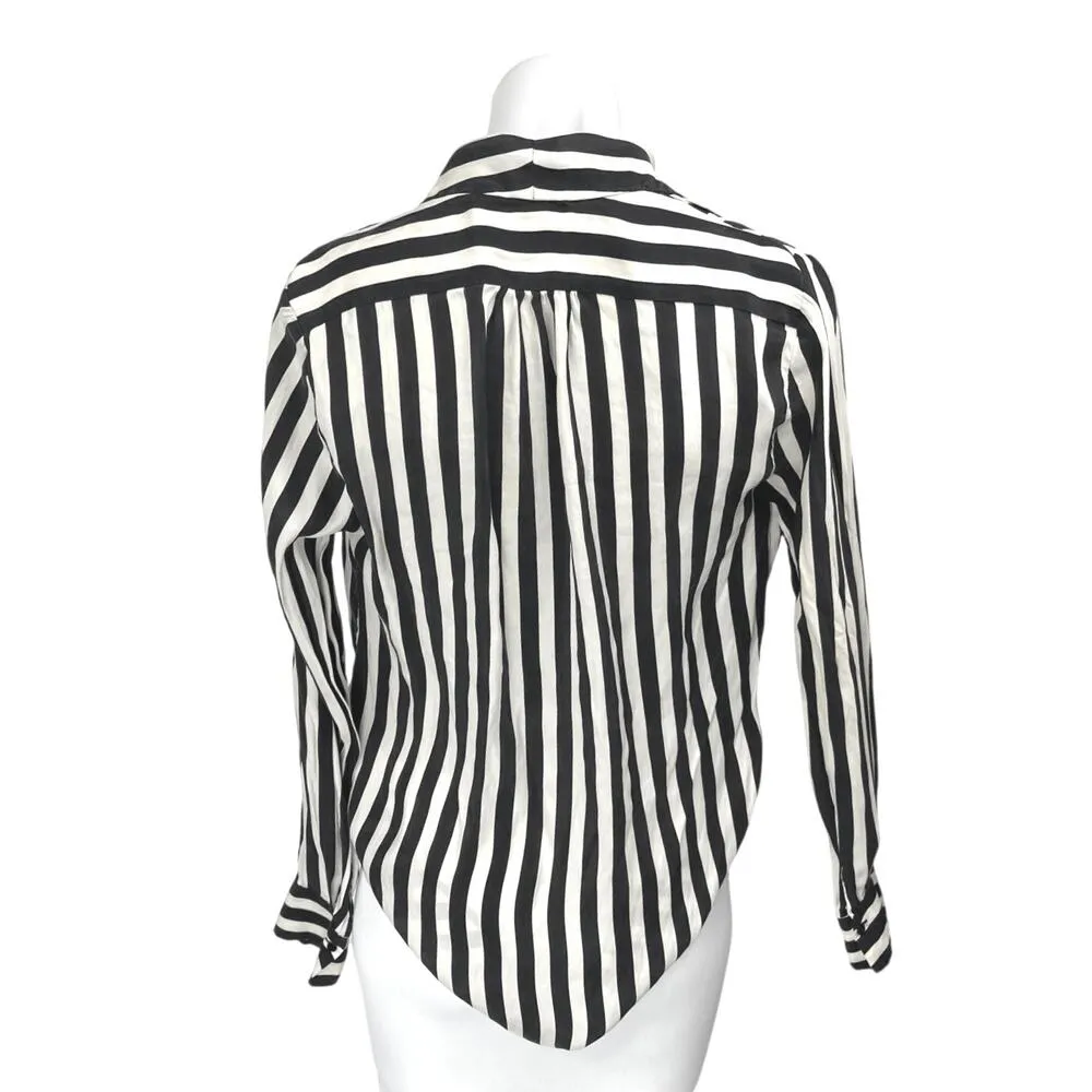 Zara Black White Striped Silk Satin Long Sleeve Faux Wrap Blouse Top Size XS - Image 2