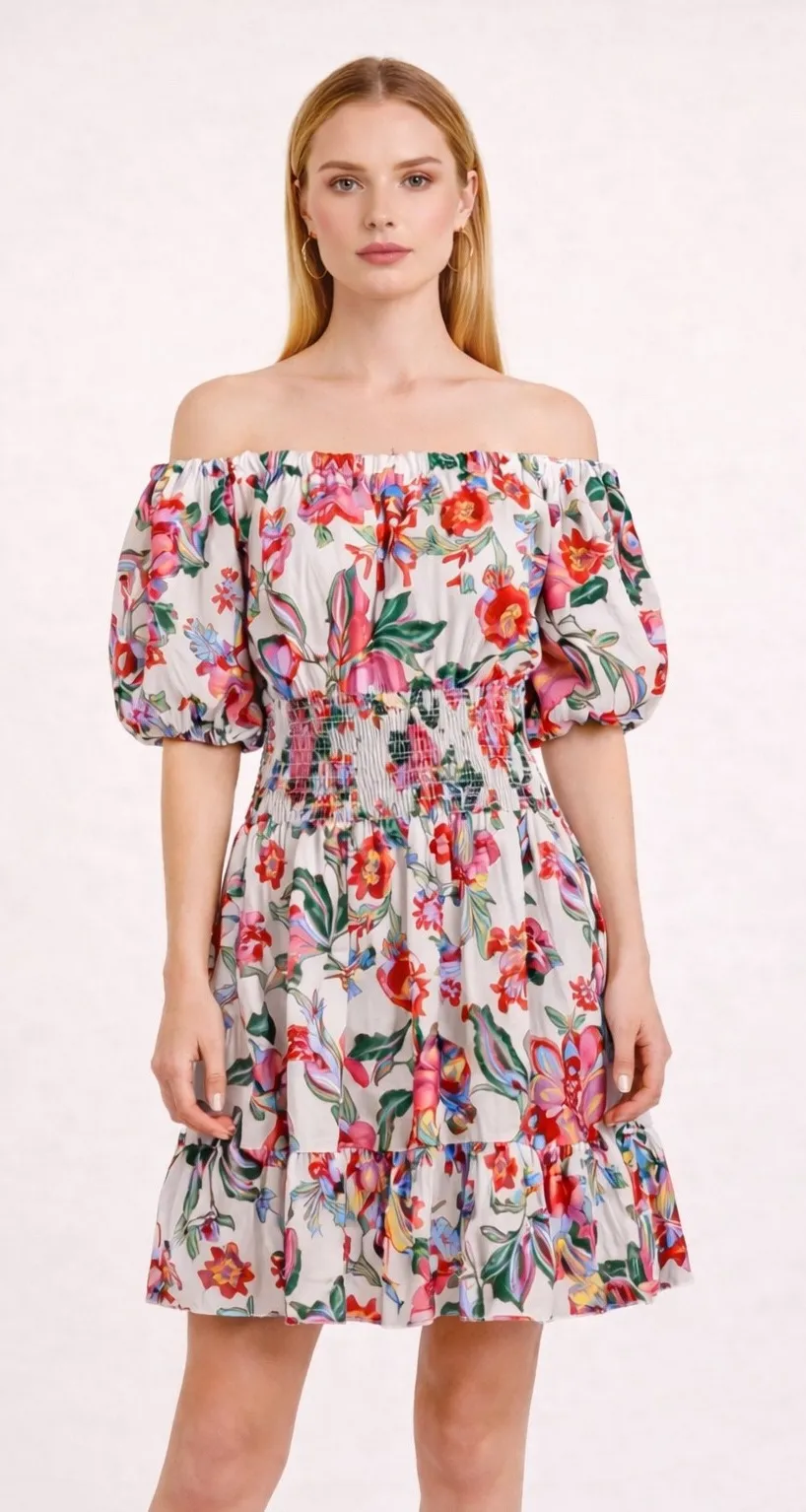 MISA Los Angeles Off The Shoulder Floral Smocked Waist Puff Sleeve Mini Dress L - Image 1