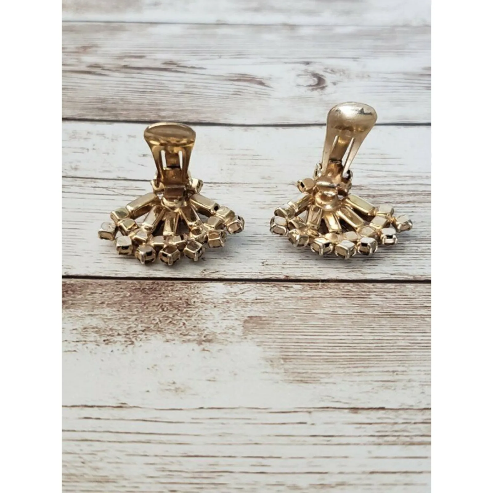 Vintage Clip On Earrings Orange & Amber Tone Gems Fan Shape Statement Earrings - Image 4