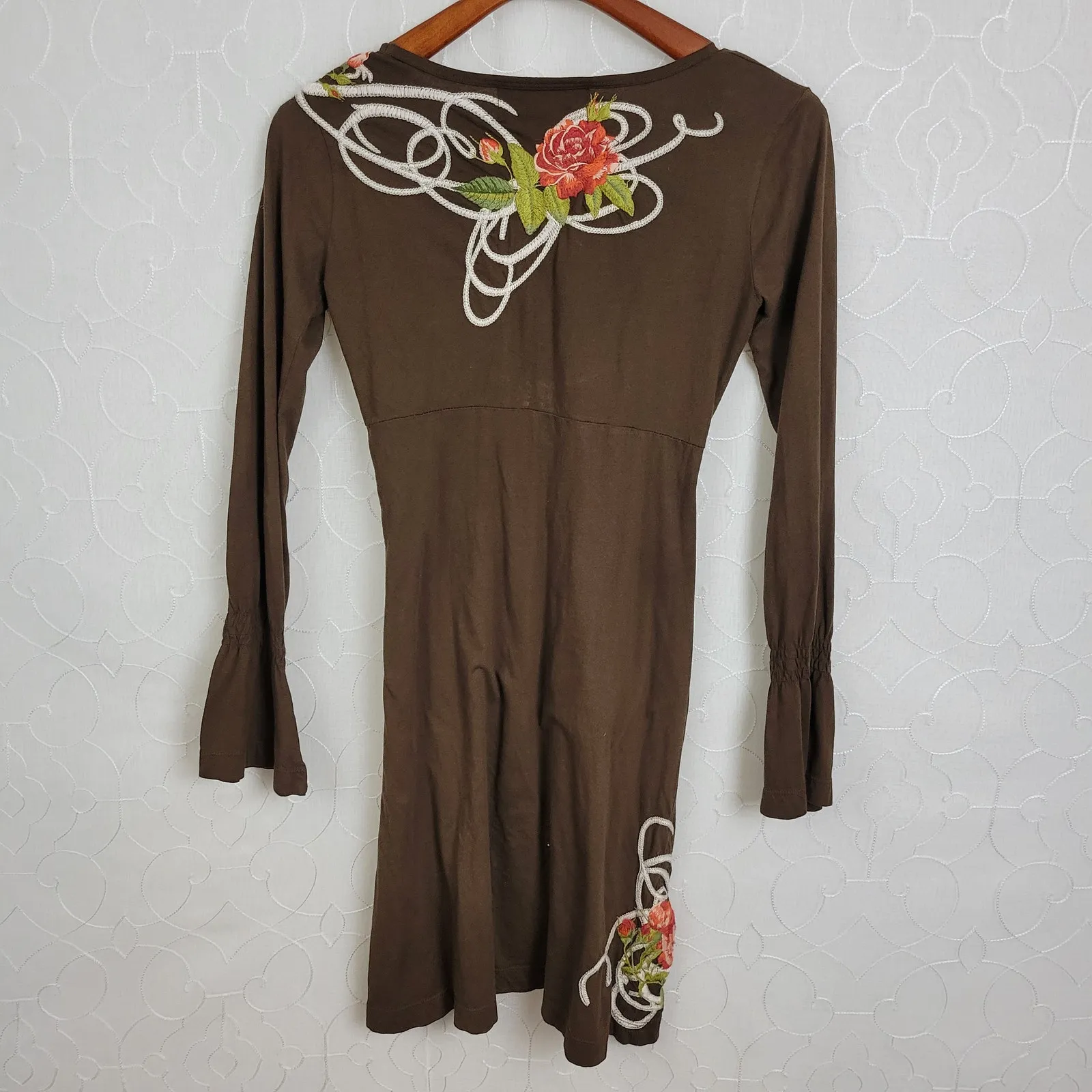 Johnny Was LA Dress Womens XS Brown Floral Embroidered Applique Babydoll V-Neck - Image 2