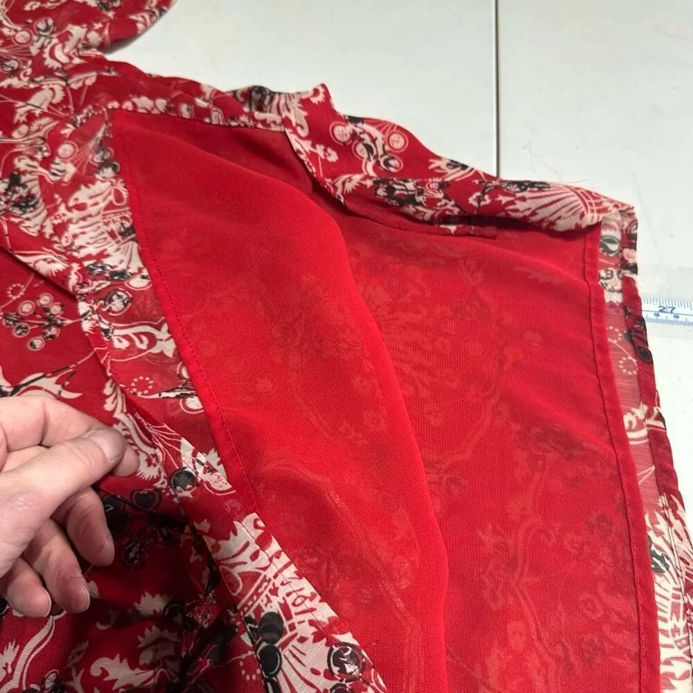 Vintage Y2K Fashion Bug Floral Beaded Bandana Print Tie‎ Waist Blouse Sheer 2X - Image 9