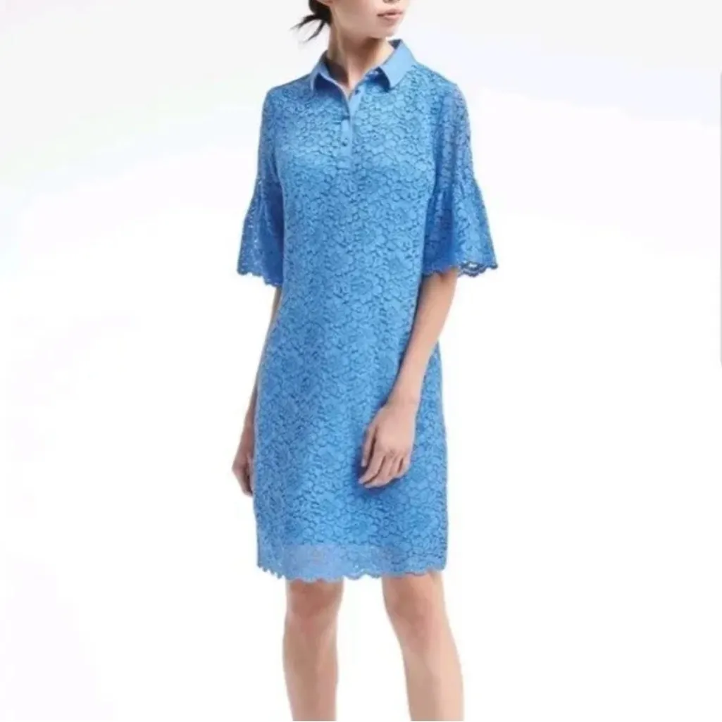 Banana Republic‎ Blue Lace Scalloped Hem Bell Flutter Sleeves Polo Dress Size XS - Image 4
