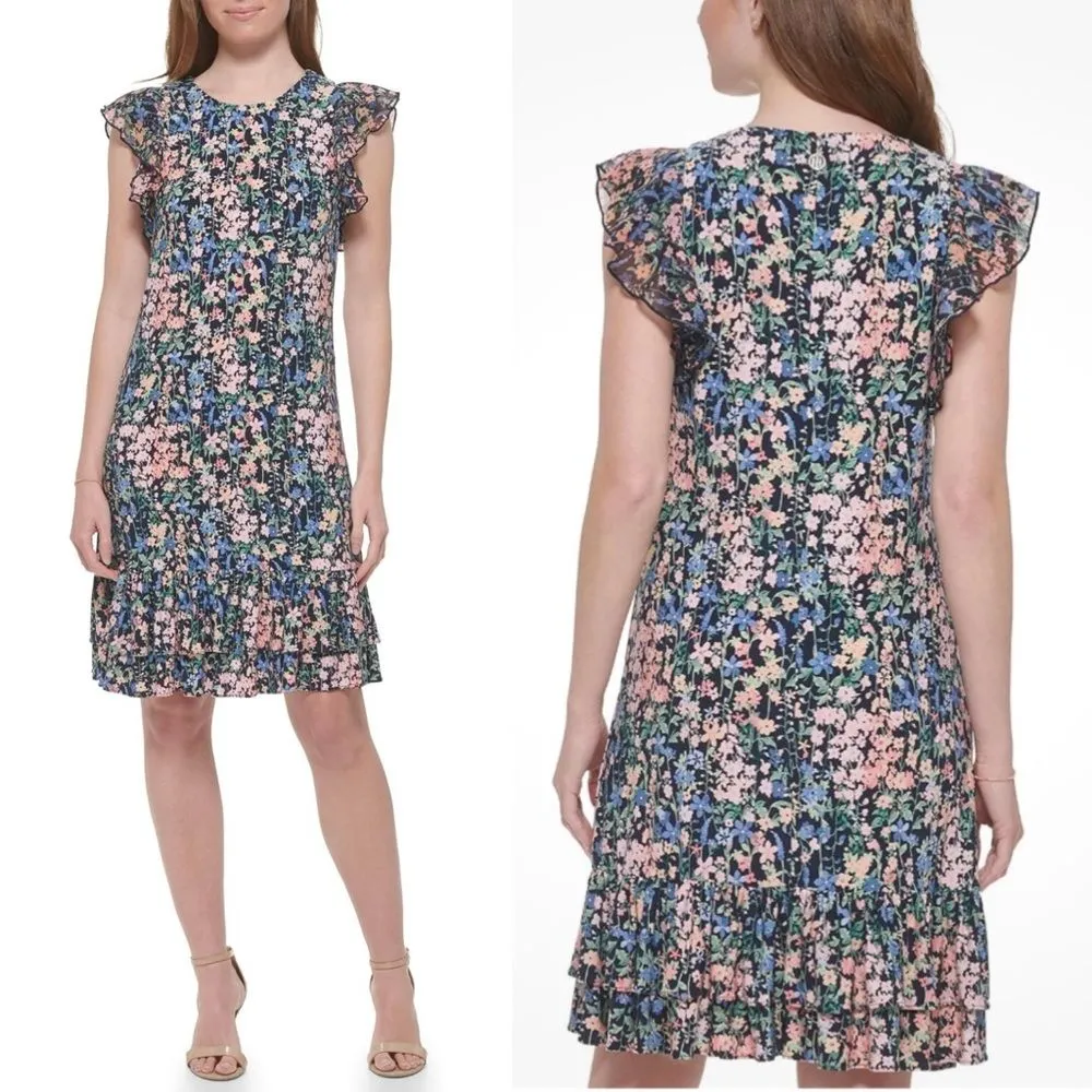 Tommy Hilfiger Size 10 Floral Printed Flutter Sleeve Tiered Ruffle Trim Dress - Image 14
