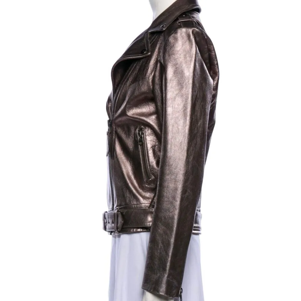 Mackage x Aritzia Metallic Gray Lamb Leather Moto Biker Jacket Small Chic Edgy - Image 12