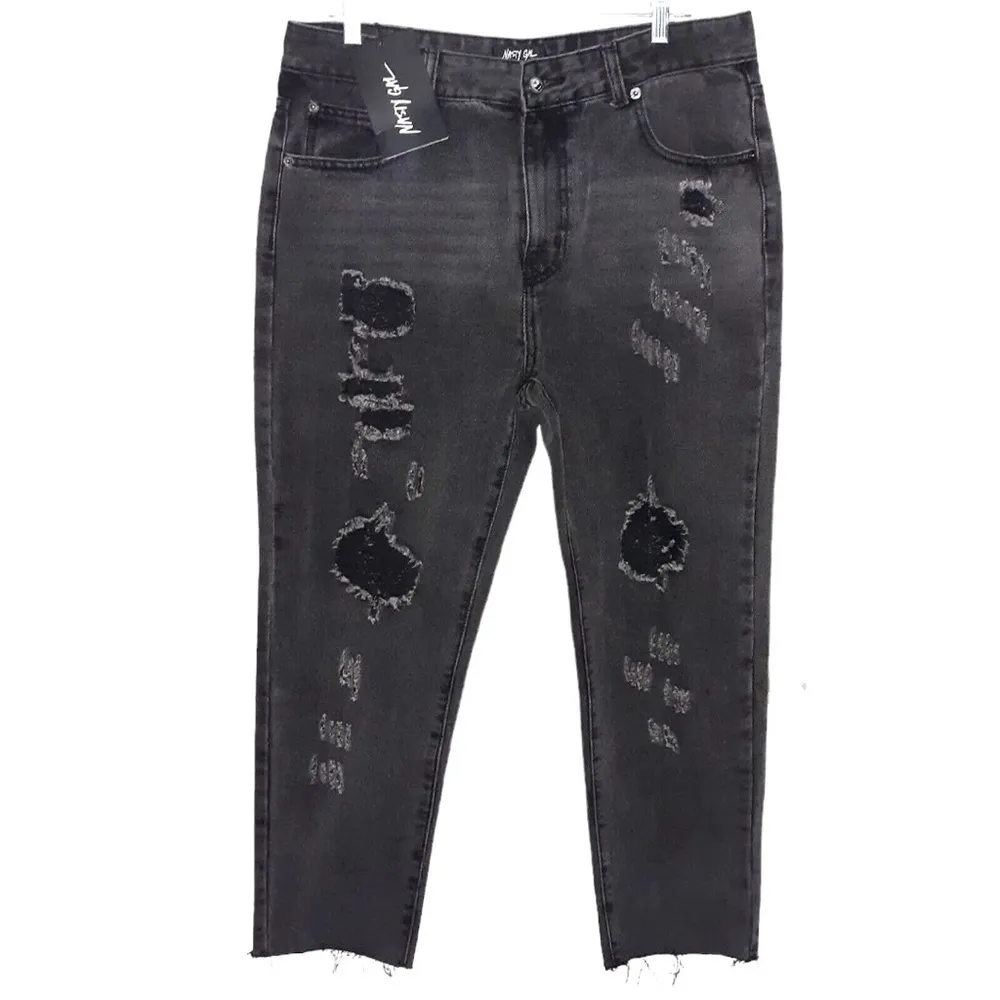 Nasty Gal NWT High Rise Ripped Distressed Faded Black Raw Hem Denim Jeans Size 8 - Image 3