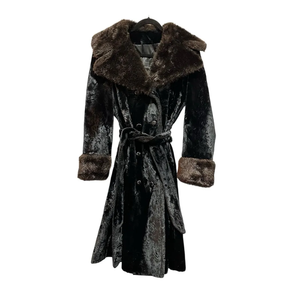 Vintage Betty Rose Black Faux Fur Plush Velvet Coat Belted Double Breasted - Image 2