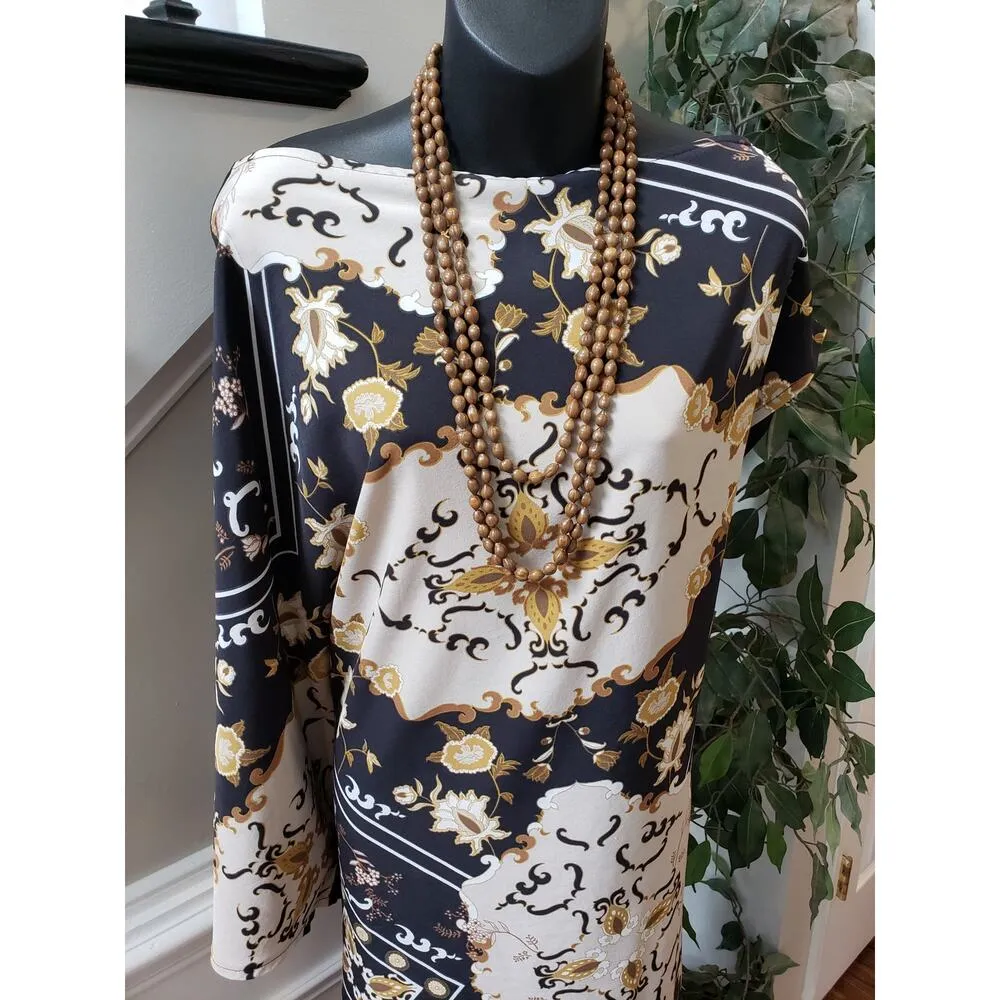 Moosta Midi Dress Women Size 2X Black Beige Baroque Print Long Sleeve Boho - Image 3