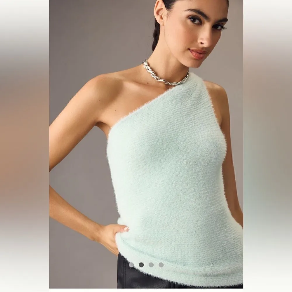 By Anthropologie One-Shoulder Eyelash Sweater Tank Sky Mint Green L NWT - Image 2