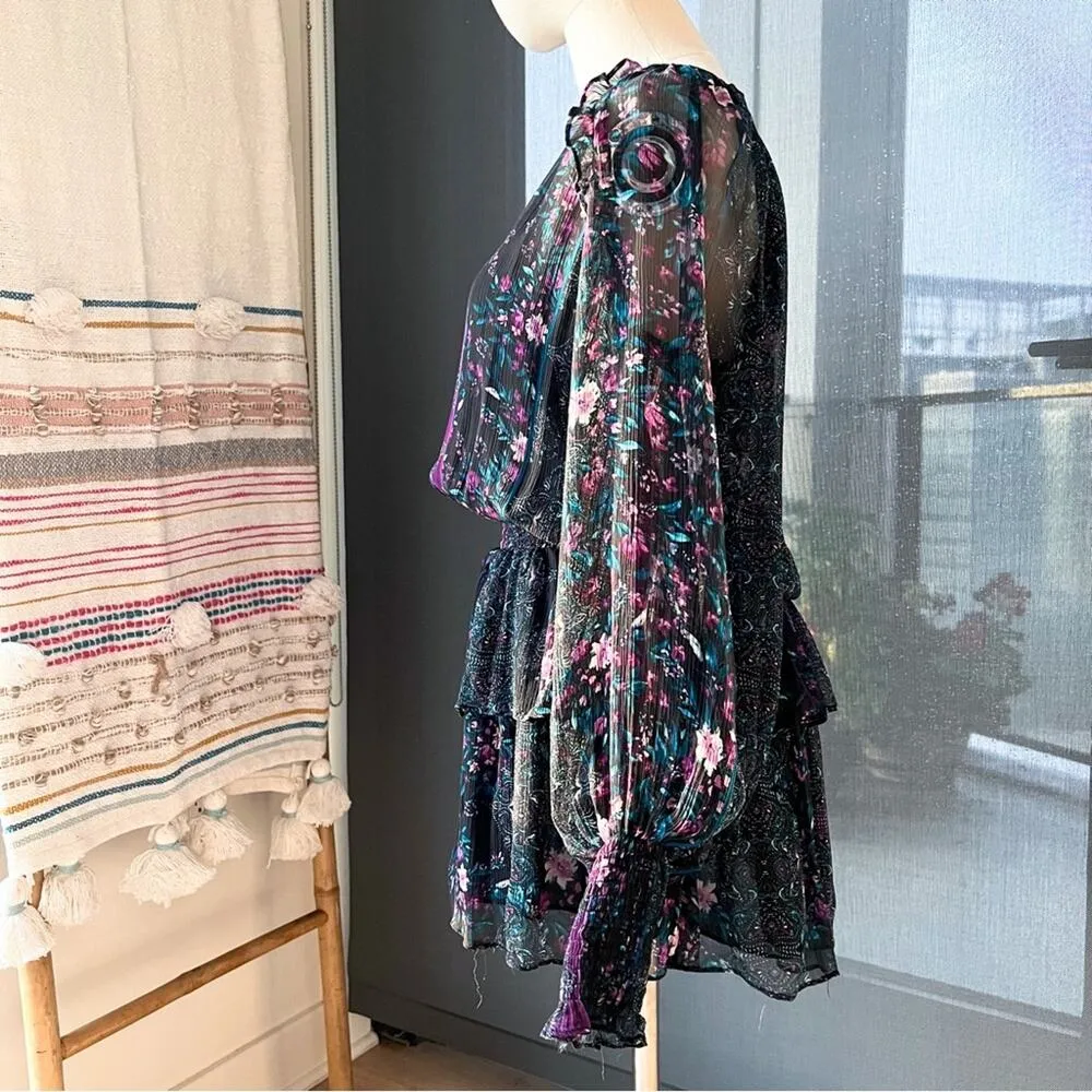 Ramy Brook Logan Floral Long Puff Sleeve 100% Silk Mini Dress Women’s Size Small - Image 4