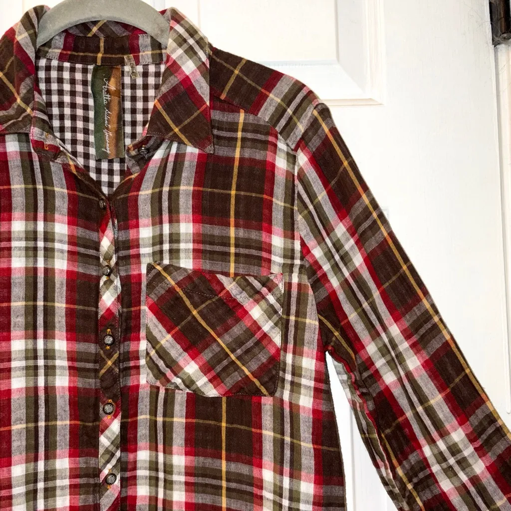 Aratta Silent Journey Anthropologie Red Plaid Tunic Shirt - Image 2