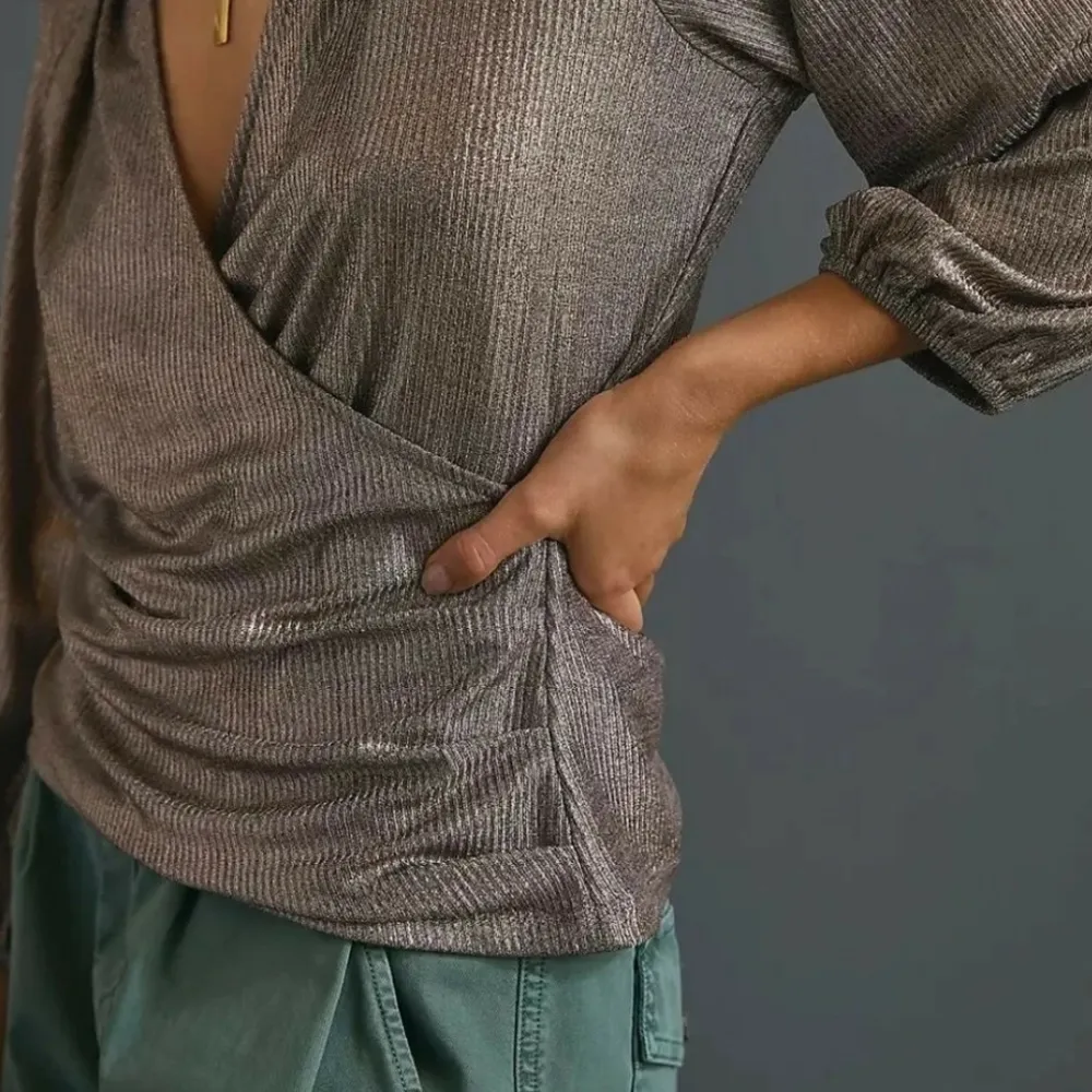 Anthropologie Luanne Shimmer Surplice 3/4 Sleeve Mock Wrap Blouse - Image 2