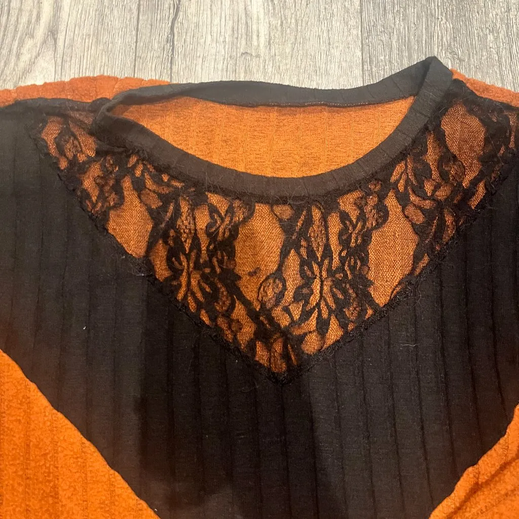 Shein Curve 4XL Womens Orange Crew Neck Sweater Black Lace on Top - Image 2