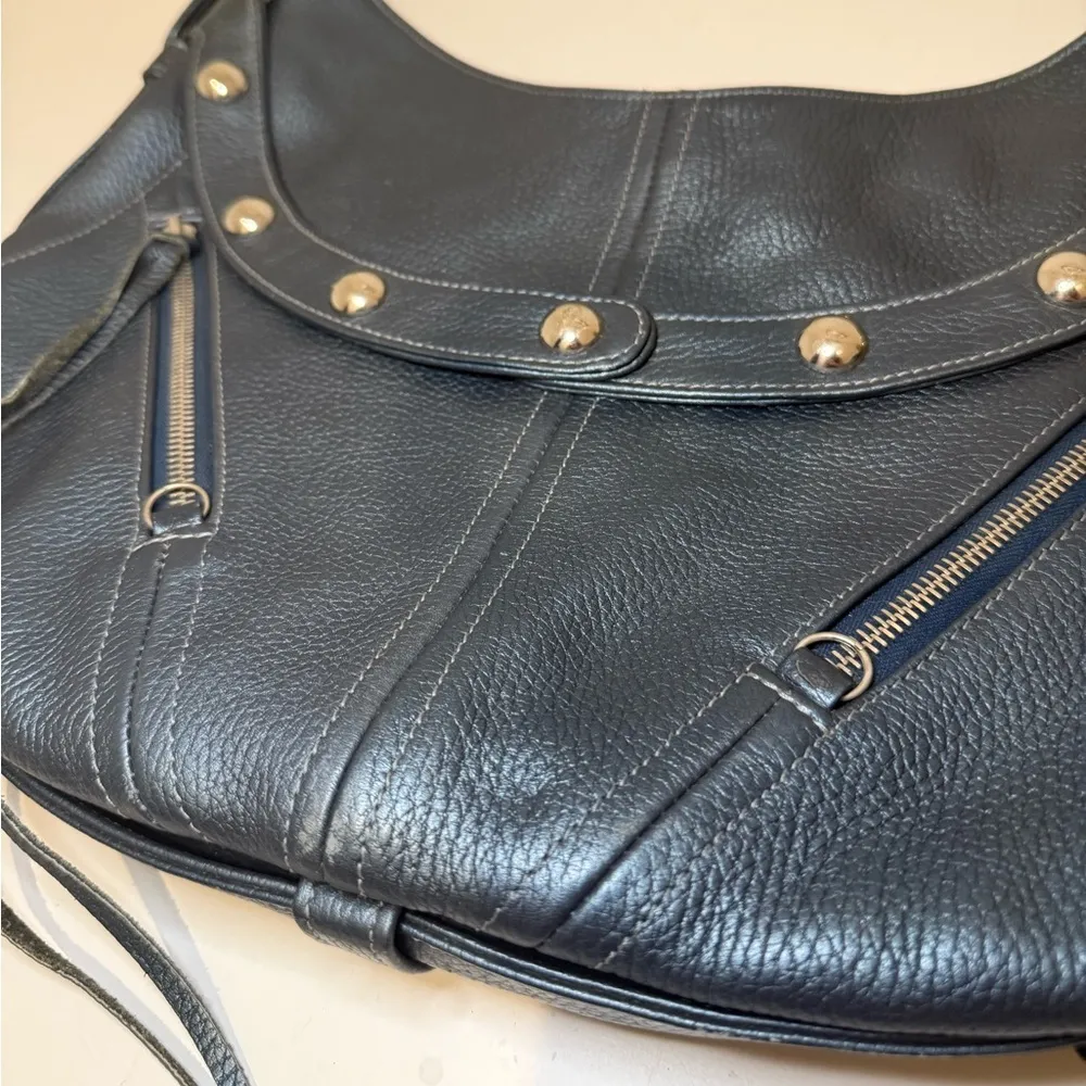 Botkier TRIGGER Mermaid Blue Moto Leather Hobo Shoulder Bag Studded Fringe - Image 7