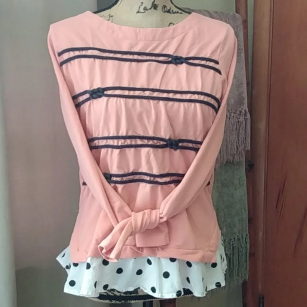 Crown & Ivy Peach and Navy Knit Rope Polka-Dot Nautical Layered Blouse - Image 3