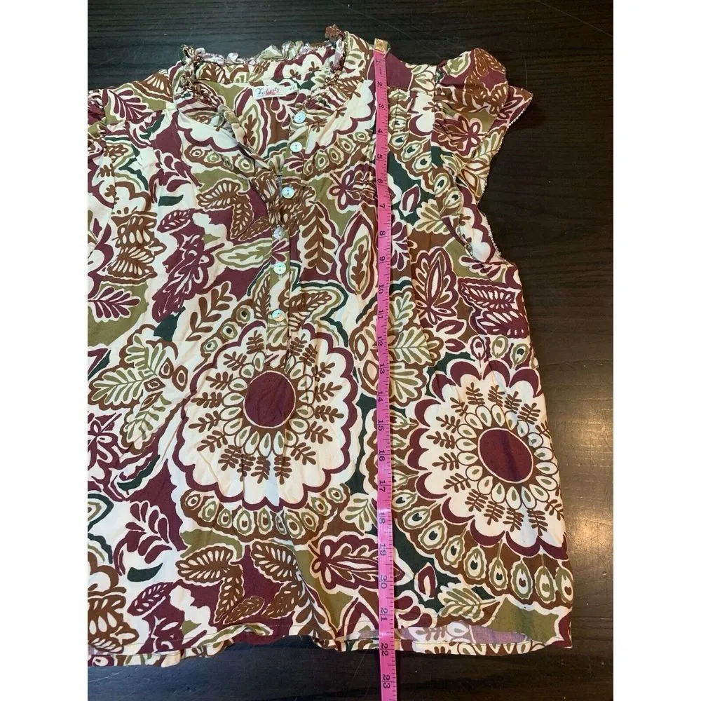 Faherty Boho Peasant Cottage Ruffle Top Womens Medium Floral Henley Cap Sleeve‎ - Image 9