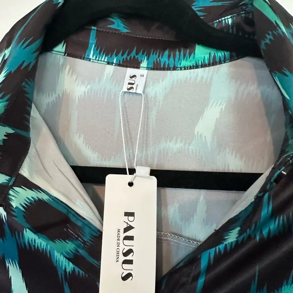 Black and Blue Long Sleeve Button Down Shirt with Notched Collar - Image 2