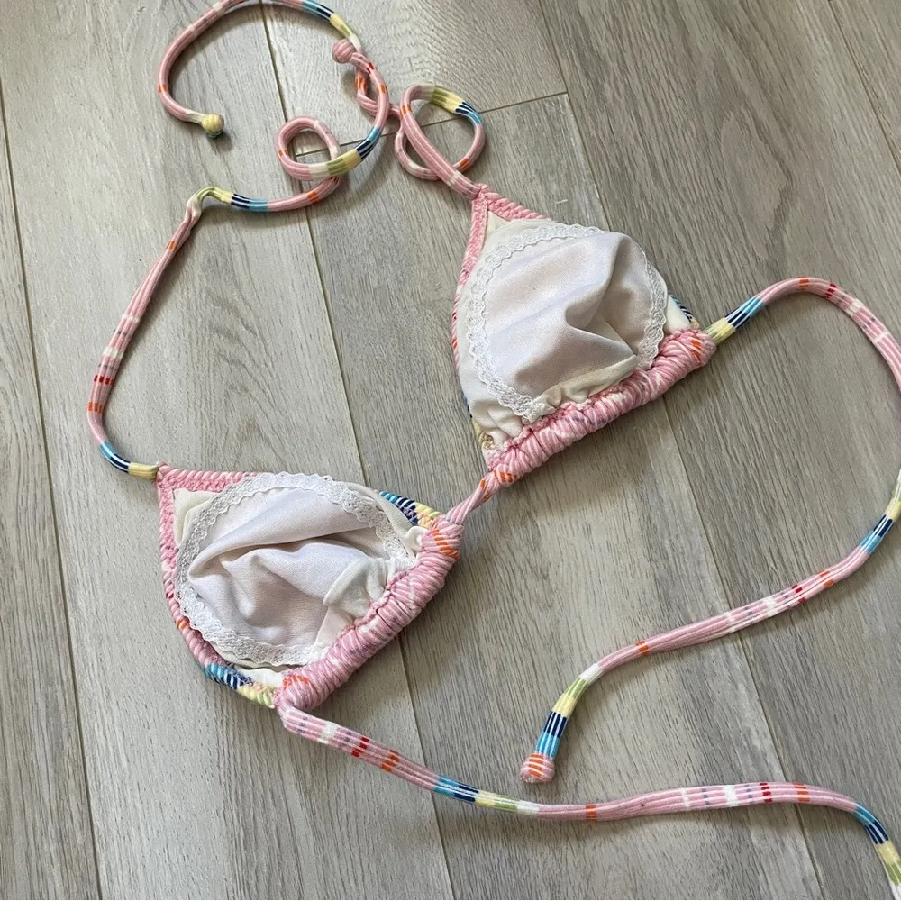 Vintage Striped Bikini Top halter cotton triangle womens Pink (large) beach swim - Image 2