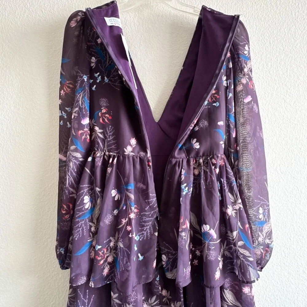 Ieena for Mac Duggal Purple Floral Long Sleeve Tiered Gown Size 0 - Image 11
