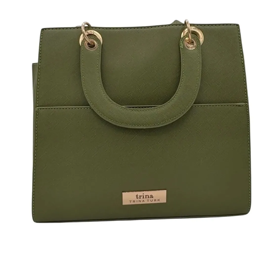 Trina Turk Pesto Tote Bag Olive Green Saffiano Leather Gold Hardware NWT - Image 3