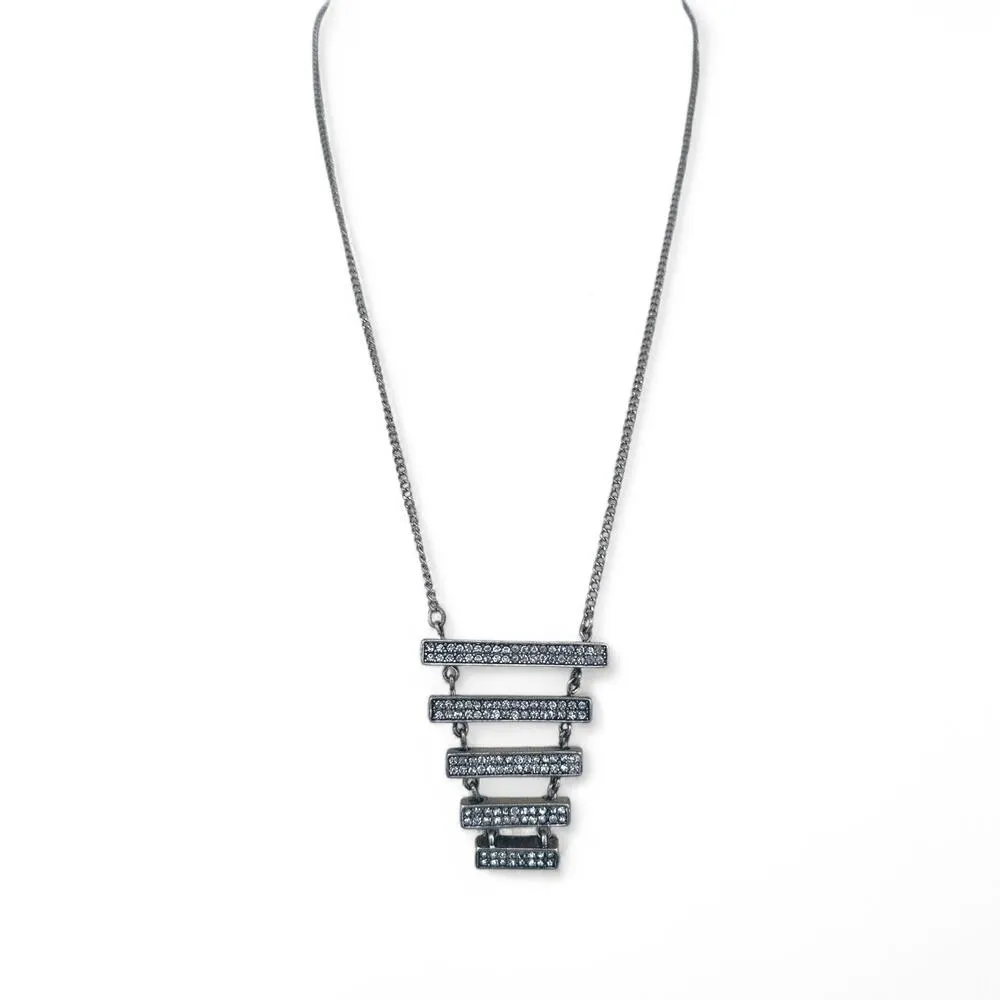 Mark by Avon Statement Necklace Silvertone Rhinestone Stacked Geometric Pendant Silver - Image 6