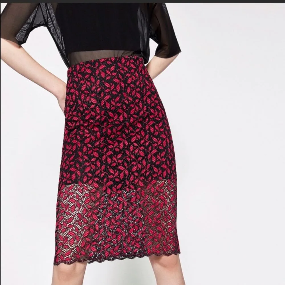 Zara Trafaluc Lace Red Skirt Medium - Image 2