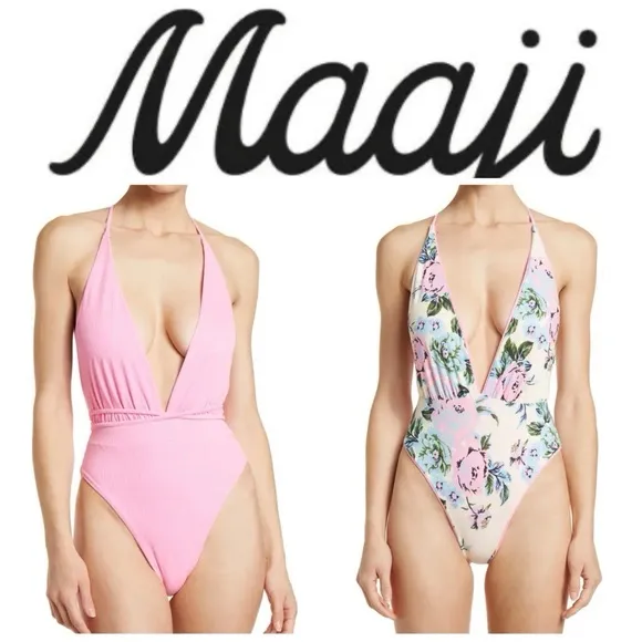 Maaji Pink Aurora Plunge Tie Swimsuit Medium - Image 2