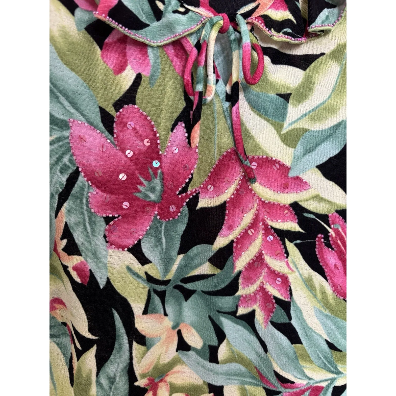 Y2K Tropical Floral Sequin Beaded Top Size Large Dopamine Dressing Vacation Green - Image 4