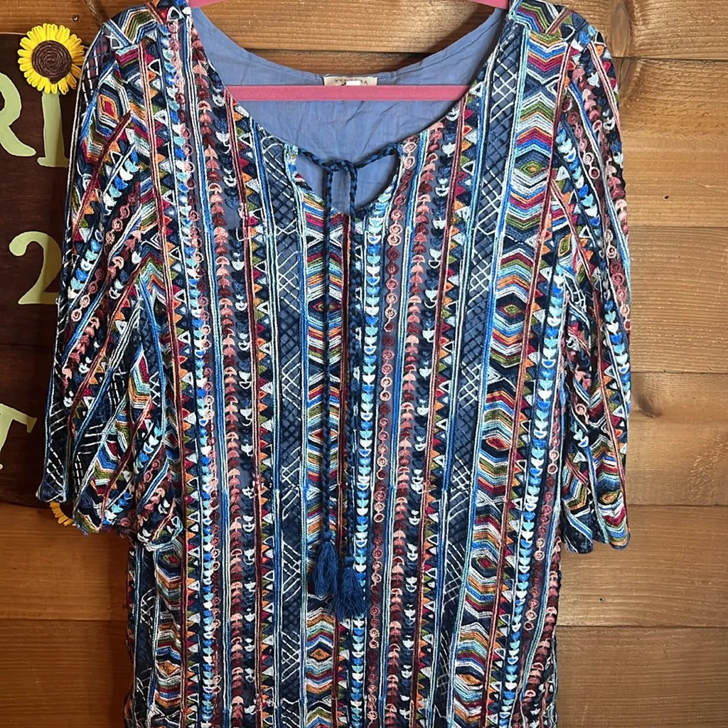 Velzera Embroidered Flare Sleeve Tunic Dress Geometric Tassle Cotton Coastal L - Image 2