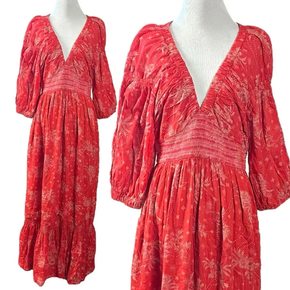 Free People Golden Hour Maxi Dress Cherry Red XS Bohemian Spring Floral 70s - Image 5