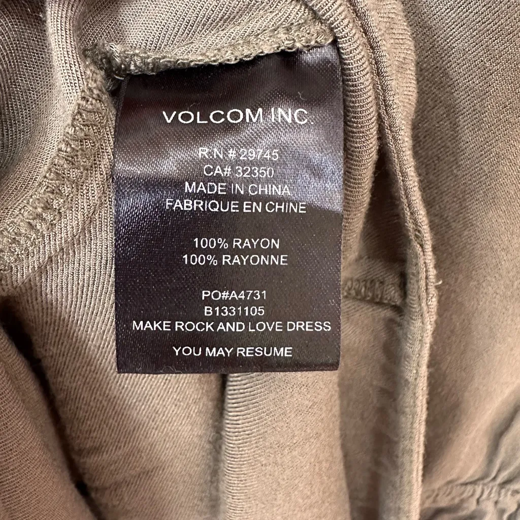 Volcom Scout Faux Wrap Midi Sleeveless Army Green “Make Rock and Love” Dress - Image 4