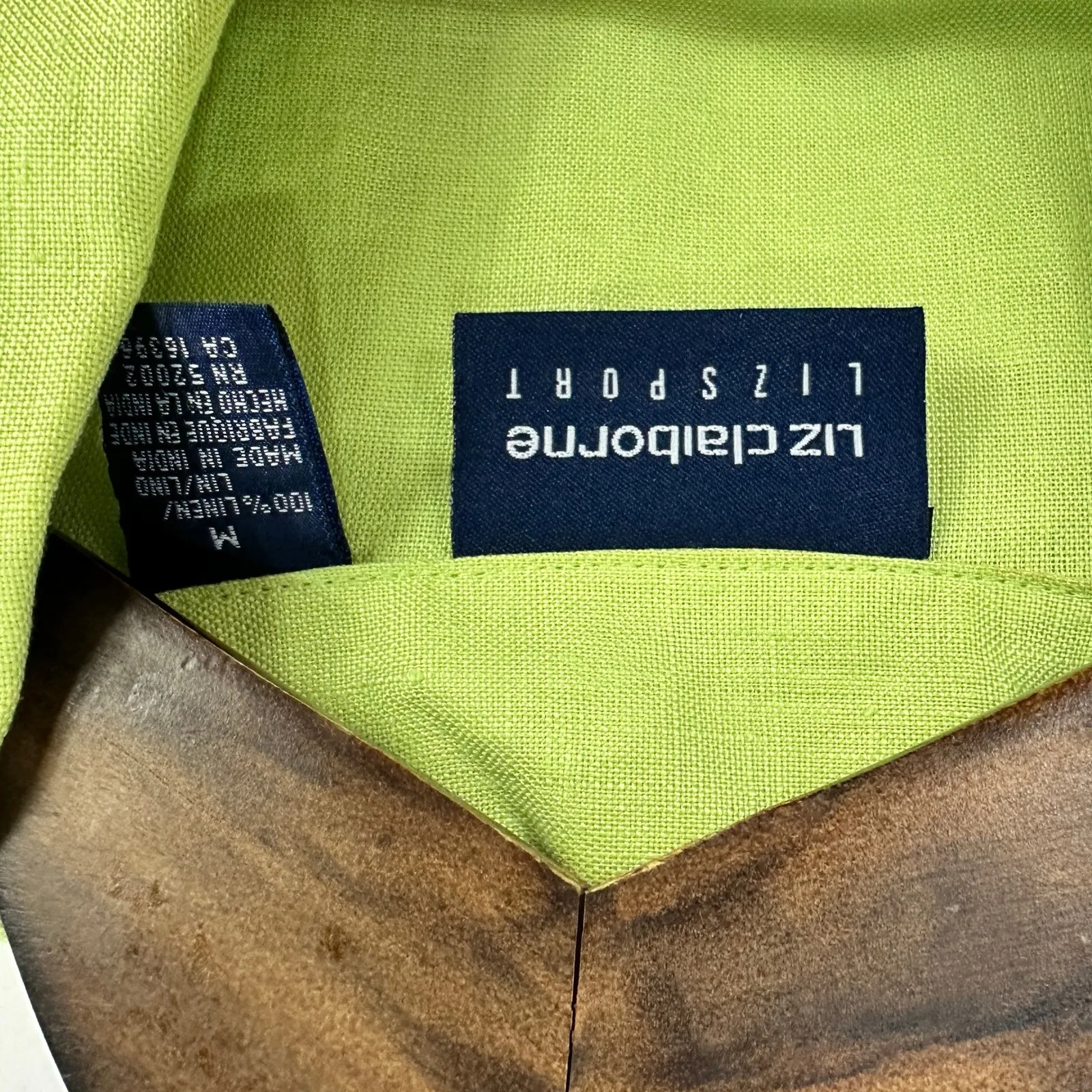 Liz Claiborne Linen Top Medium Chartreuse Button Down Coastal Preppy Minimalist - Image 2