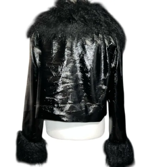 Divided  Black patten Leather cropped Jacket with Faux Fur Trim - Image 9