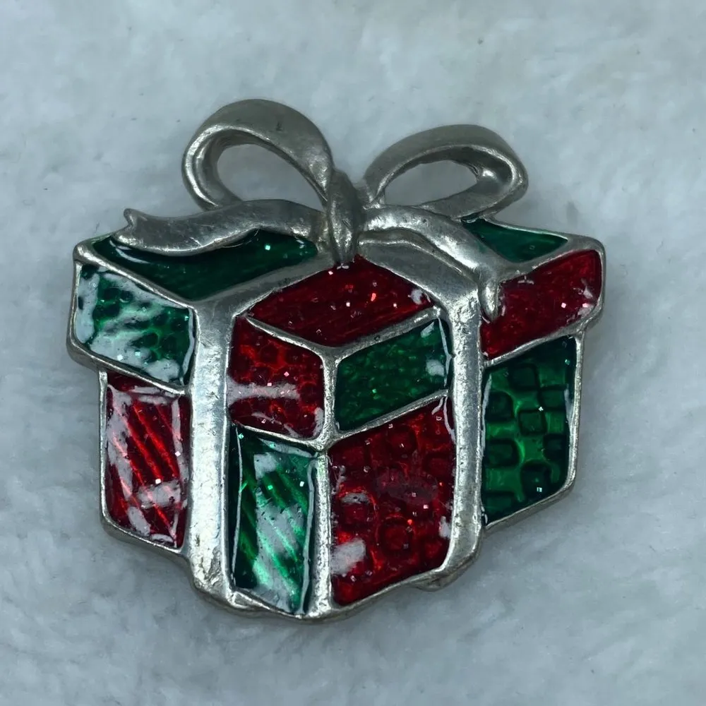 Christmas Present Box Jewelry Pin Brooch Holiday Enamel Metal Bow on Top - Image 2