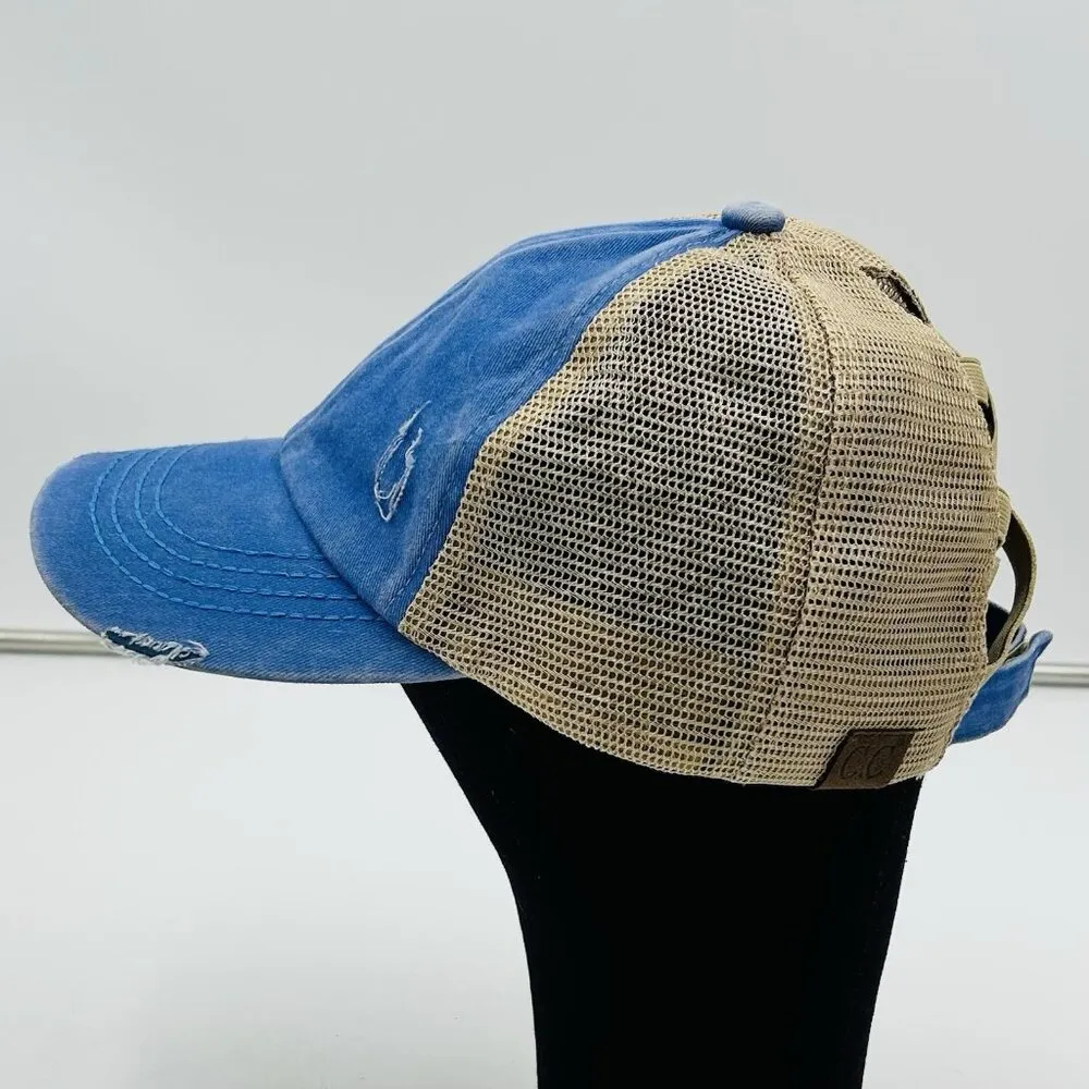 CC Exclusives Adjustable Trucker Baseball Hat Blue Tan Ponytail Criss Cross Back - Image 4
