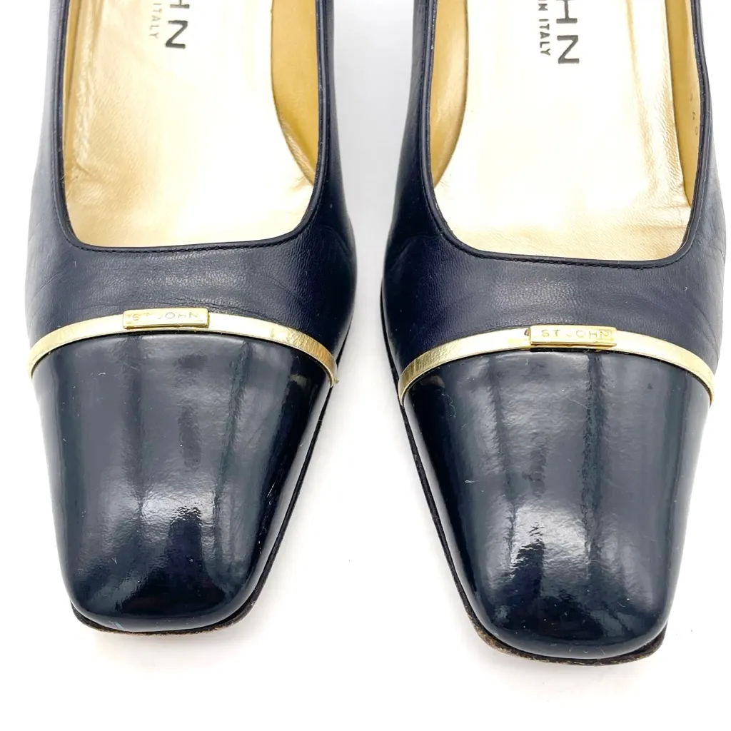 St. John Navy Leather Pumps Size 7 Gold Trim Cap Toe Classic Mid Heel Italy VTG - Image 3
