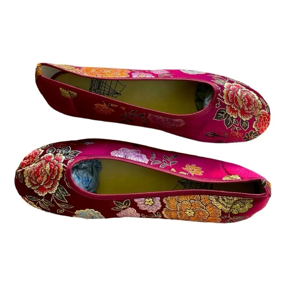 Embroidered Floral Ballet Flats Red Brocade Asian Inspired Slip - Image 6