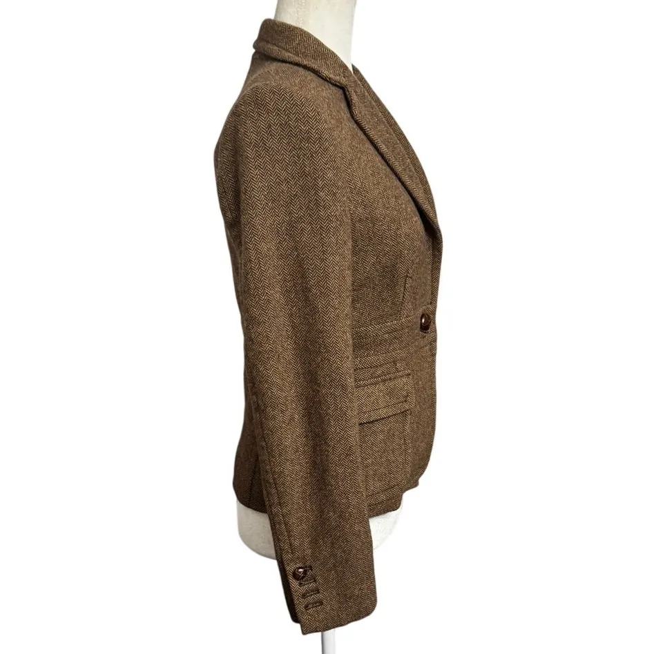 J.Crew Fall 2005 Brown Herringbone Wool Blazer Jacket Size 4 Belted Waist - Image 3