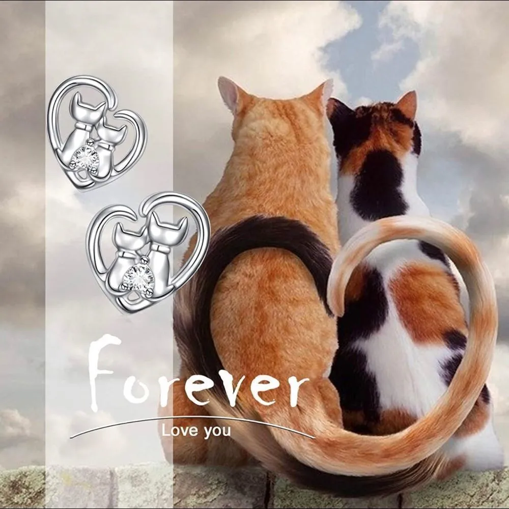 Sterling Silver Cat Earrings With CZ Heart Silver - Image 2