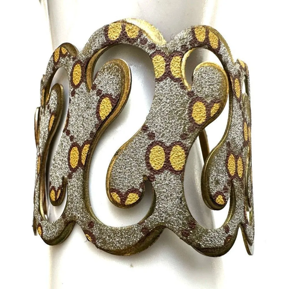 Silver gold tone wide cut out open cuff bracelet - Image 4