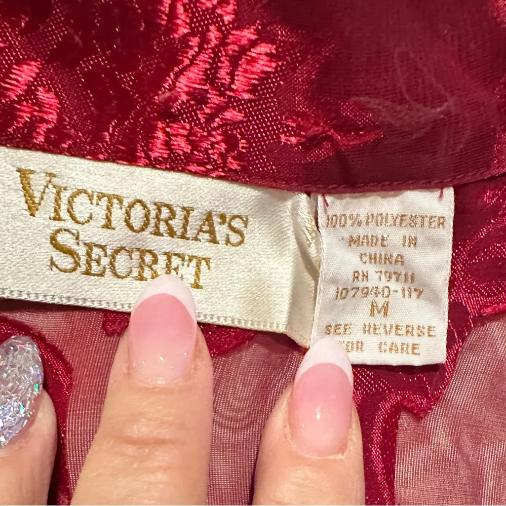 Victoria's Secret Vintage Satin Red Floral Button Down Burnout Sheer Shirt M - Image 5