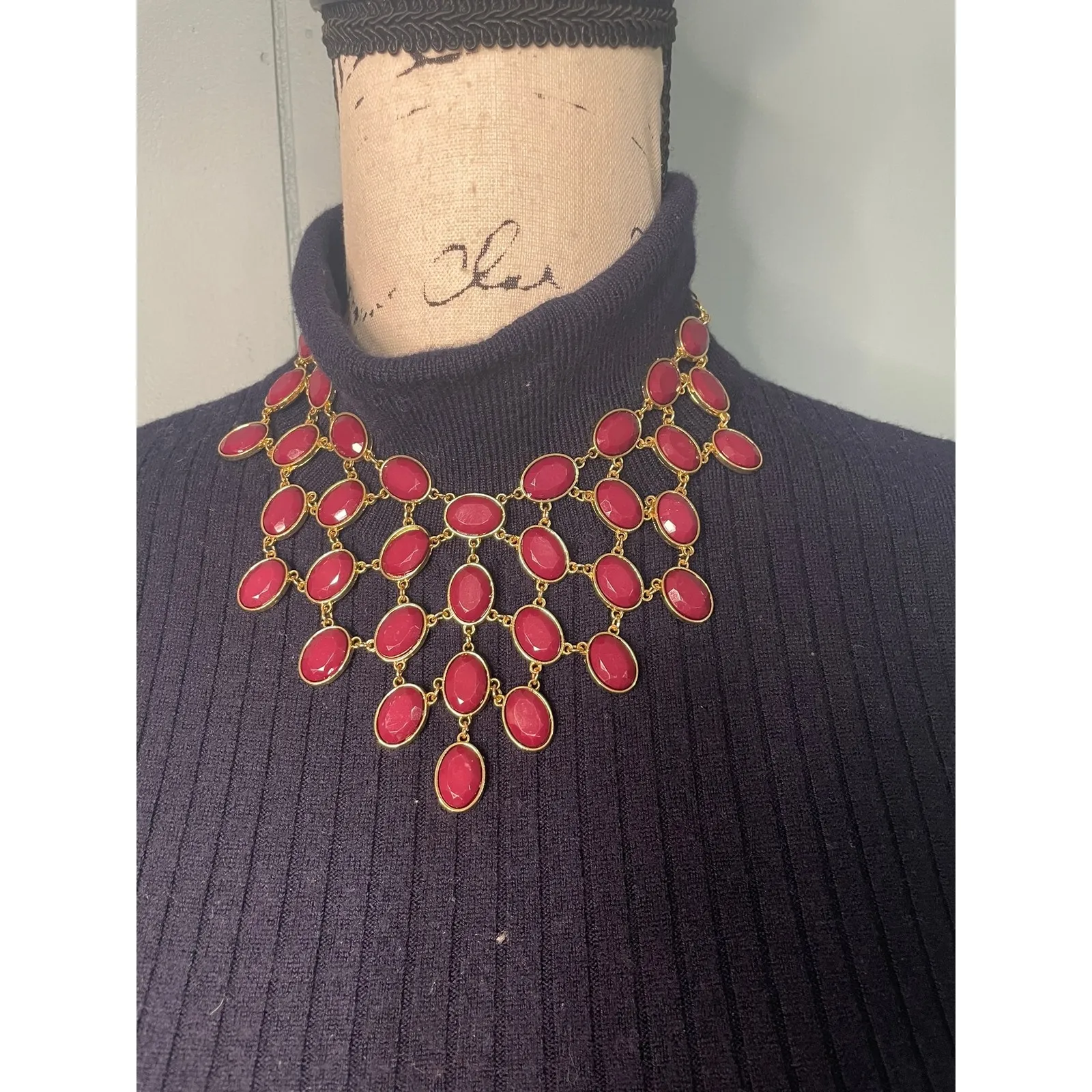 Gold Tone Statement Necklace Burgundy Oval Gemstone Bib Dangle - Image 2