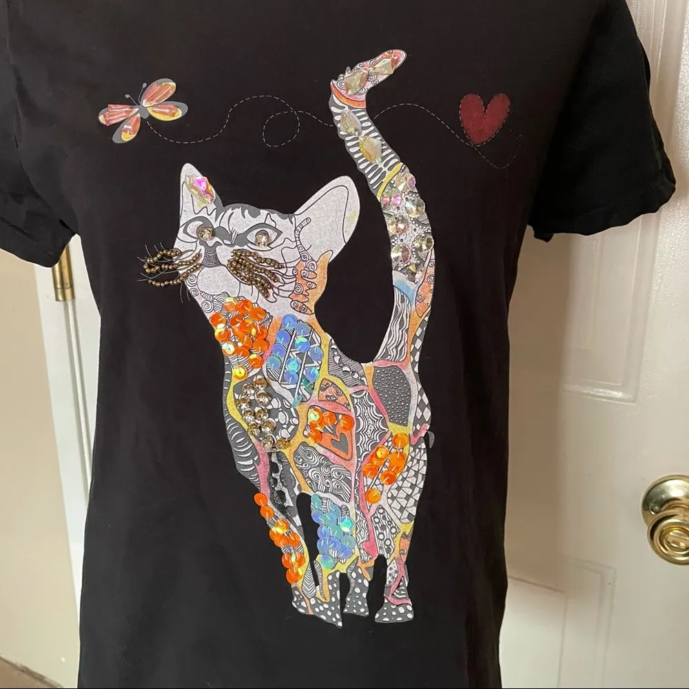 Tiffany & Tomato Black Tee with Embellished Cat - Image 3