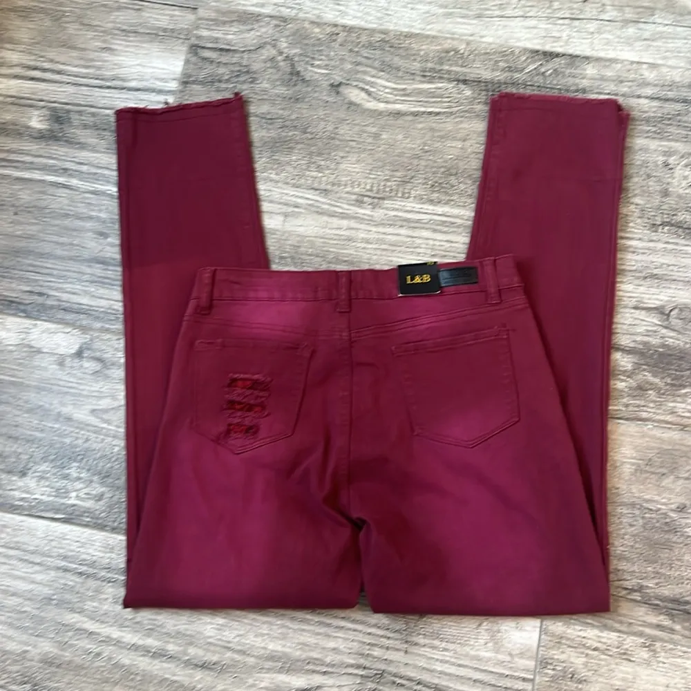 Lucky & Blessed NEW Jeans Women's Sz 12 RED WINE Wash LACE DISTRESSED NWT #177 - Image 9