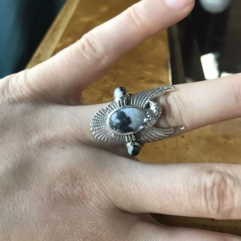 White Buffalo Turquoise Sterling Silver Eagle Ring Size 6 Black - Image 2