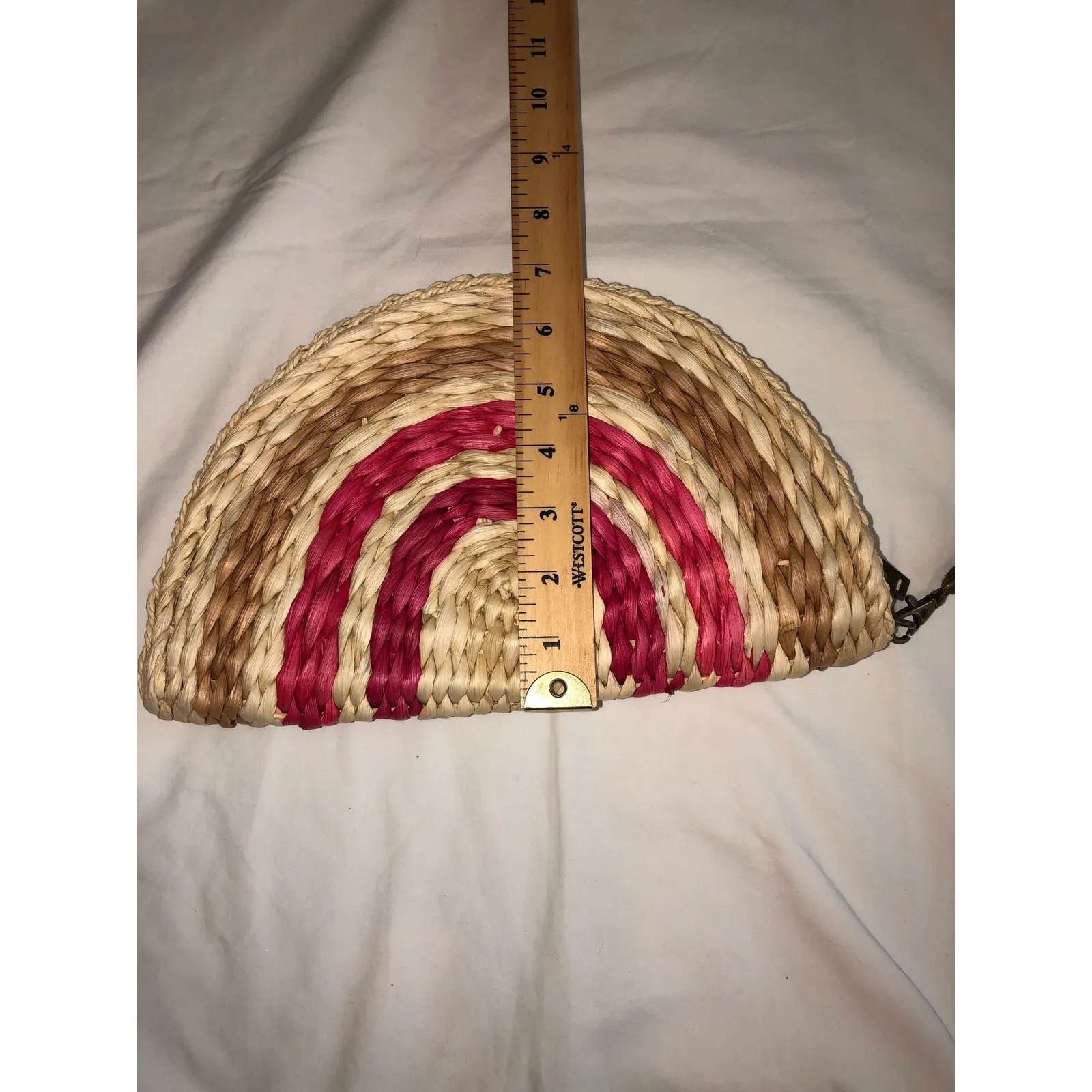 Straw Clutch Half Moon Purse Red Natural Removeable Strap Summer Boho Zip Top - Image 4