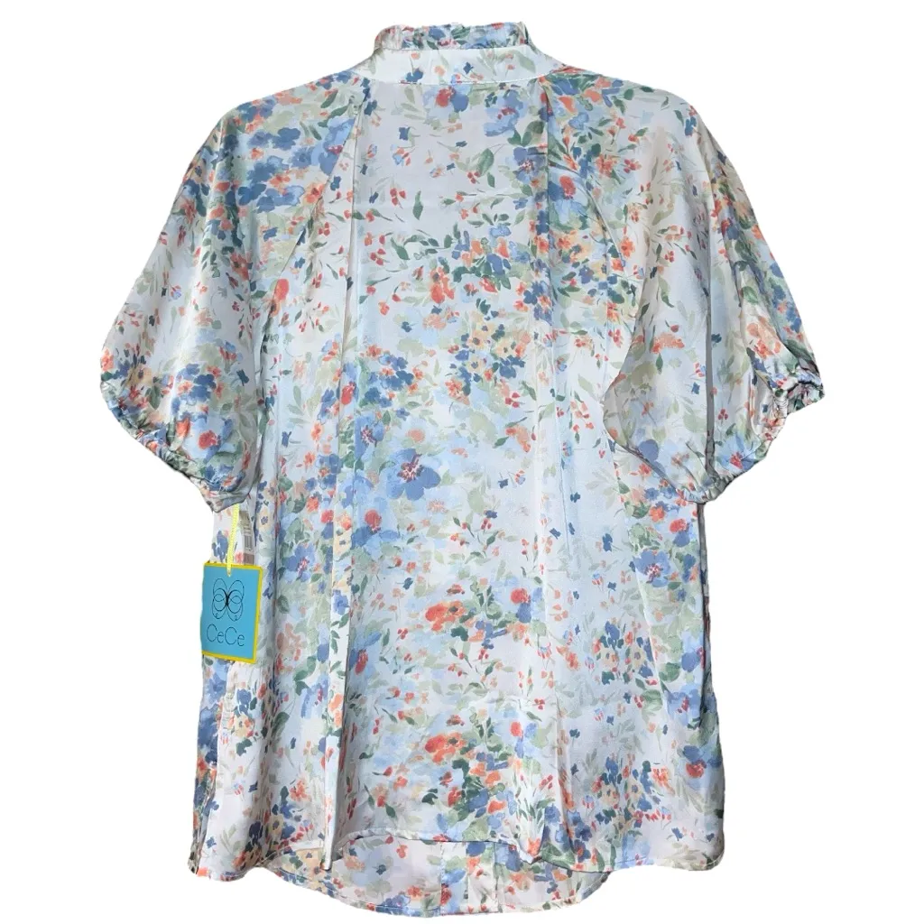 CeCe Floral V-neck Ruffle Trim Satin Blouse - Image 2