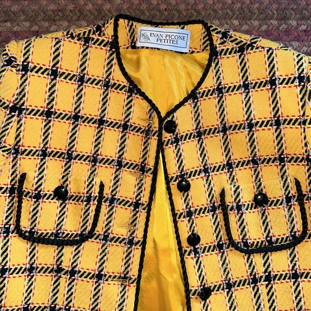 VTG YELLOW PLAID EVAN PICONE PETITES JACKET BLAZER BUSINESS HALLOWEEN COSTUME Size M - Image 3