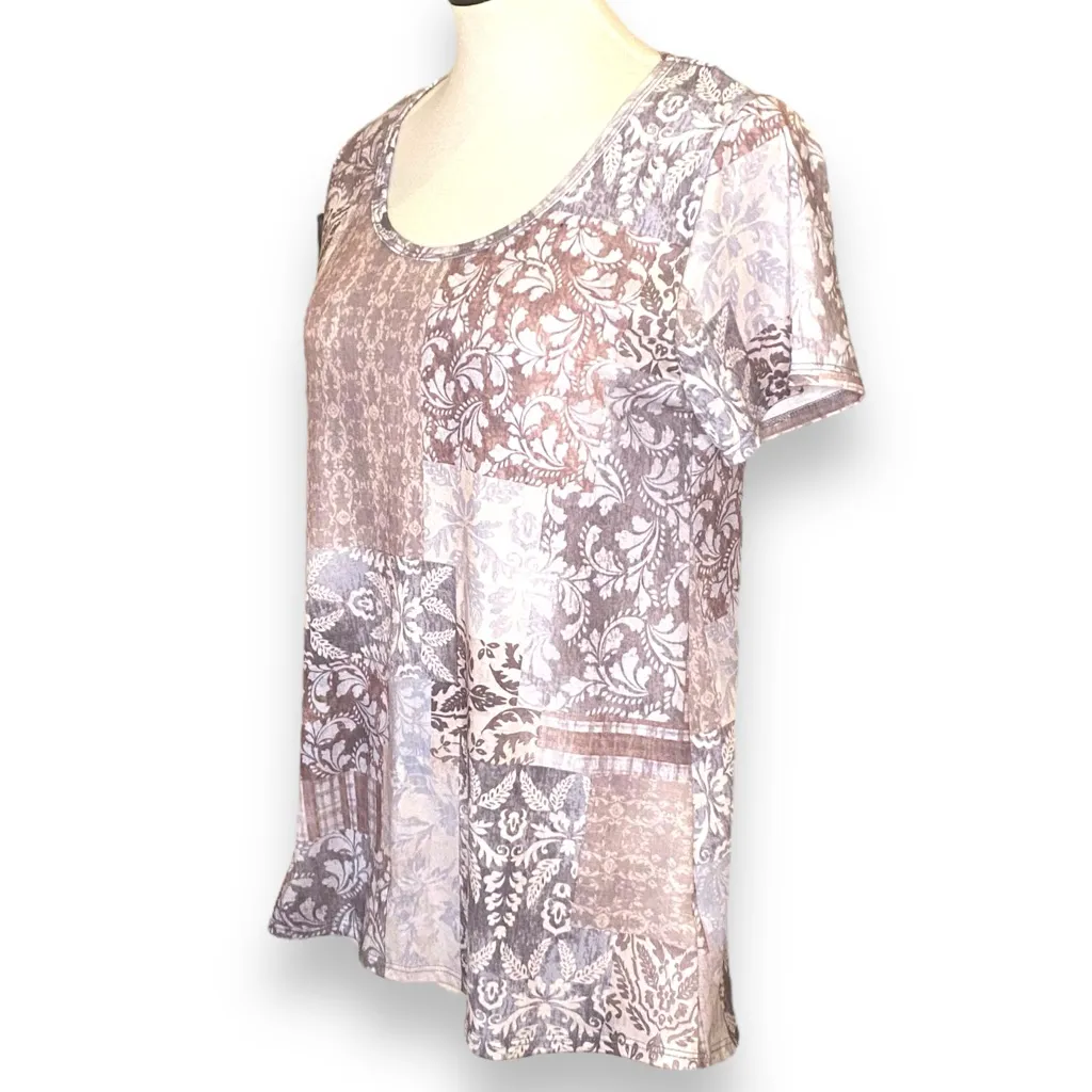 Neutral Patchwork Damask Top BoHo Short Sleeve Tee Soft  Stretchy  Flowy  Fit  T - Image 2