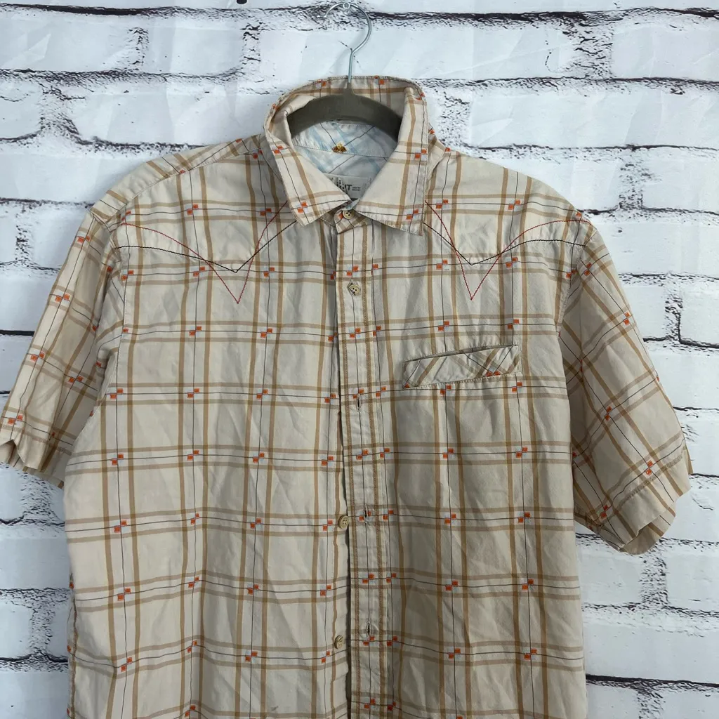 Split Women’s Checkered Button Down Shirt Plaid Short Sleeve Tan Red Casual L Orange Size L - Image 5